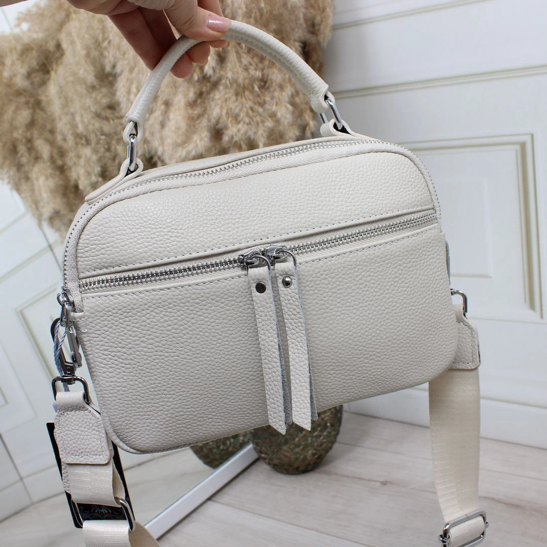 Жіноча молочна сумка через плече з натуральної шкіри крос-боді