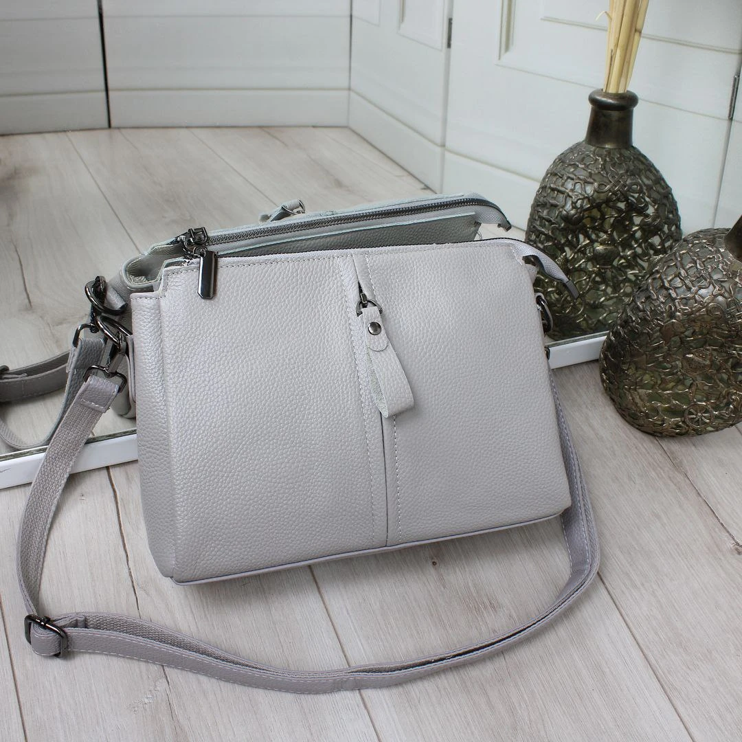 Жіноча сіра сумка через плече з натуральної шкіри крос-боді