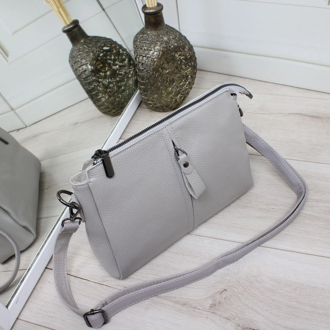 Жіноча сіра сумка через плече з натуральної шкіри крос-боді