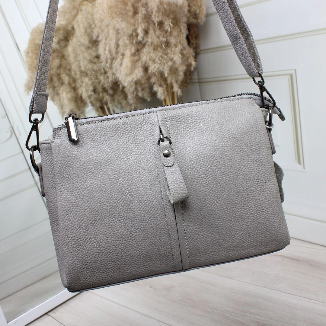 Жіноча сіра сумка через плече з натуральної шкіри крос-боді