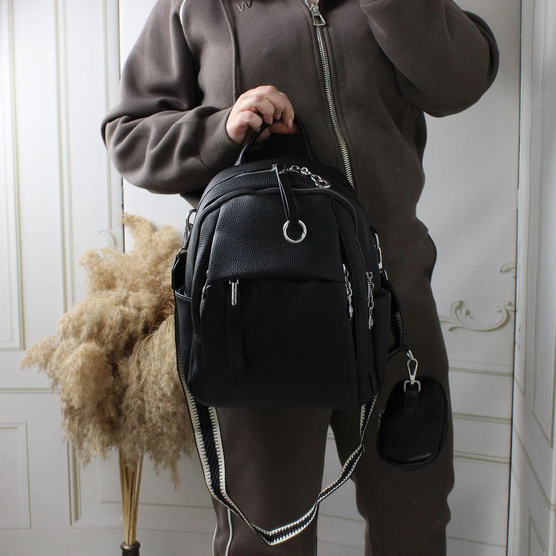 Чорна жіноча сумка-рюкзак з екошкіри трансформер