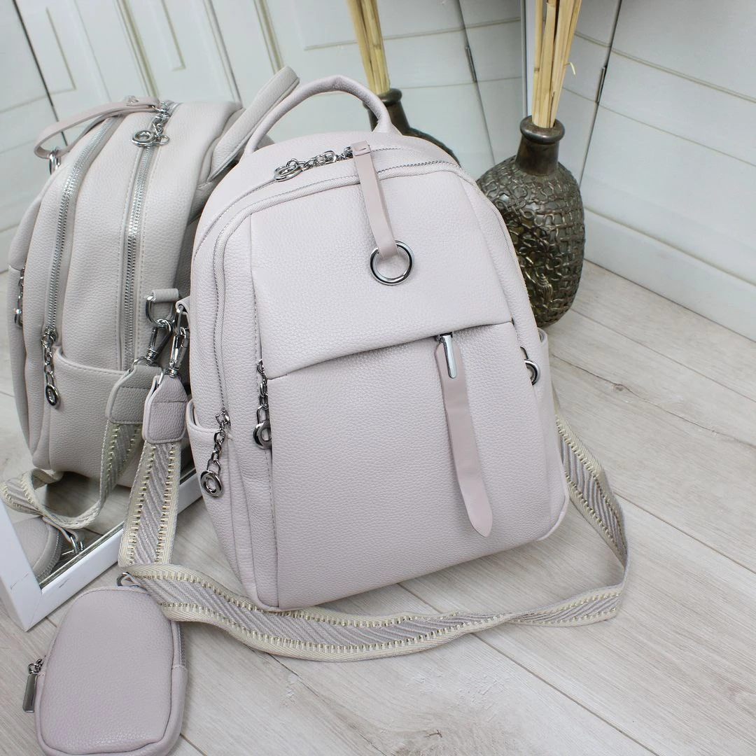 Жіноча сіро-лілова сумка-рюкзак з екошкіри з текстильним ременем