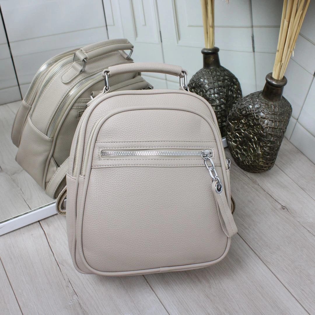 Бежева жіноча сумка-рюкзак 2 в 1 з екошкіри преміум якості