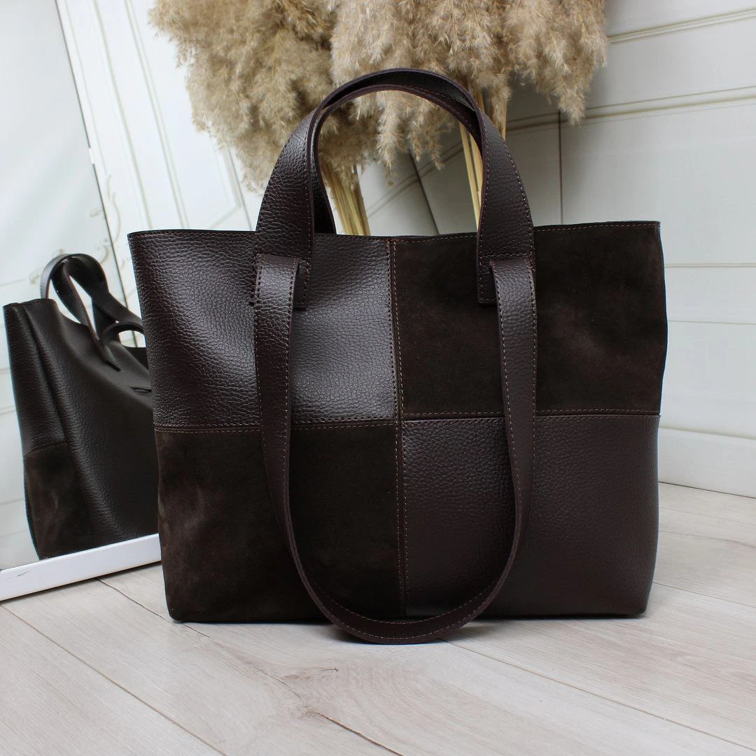 Велика жіноча сумка шоколадного кольору з натуральною замшею та екошкірою (формат А4)