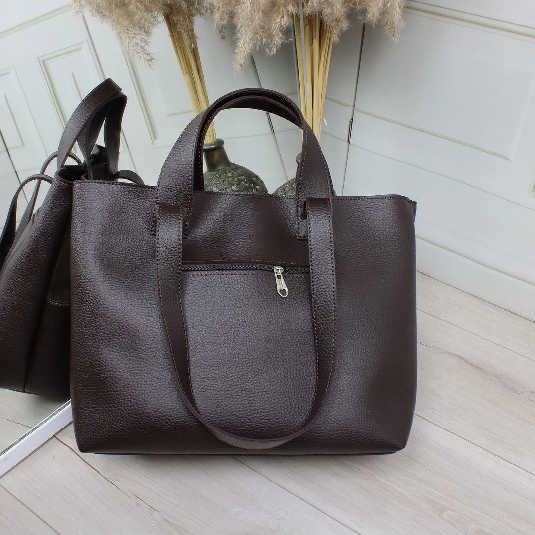 Велика жіноча сумка шоколадного кольору з натуральною замшею та екошкірою (формат А4)