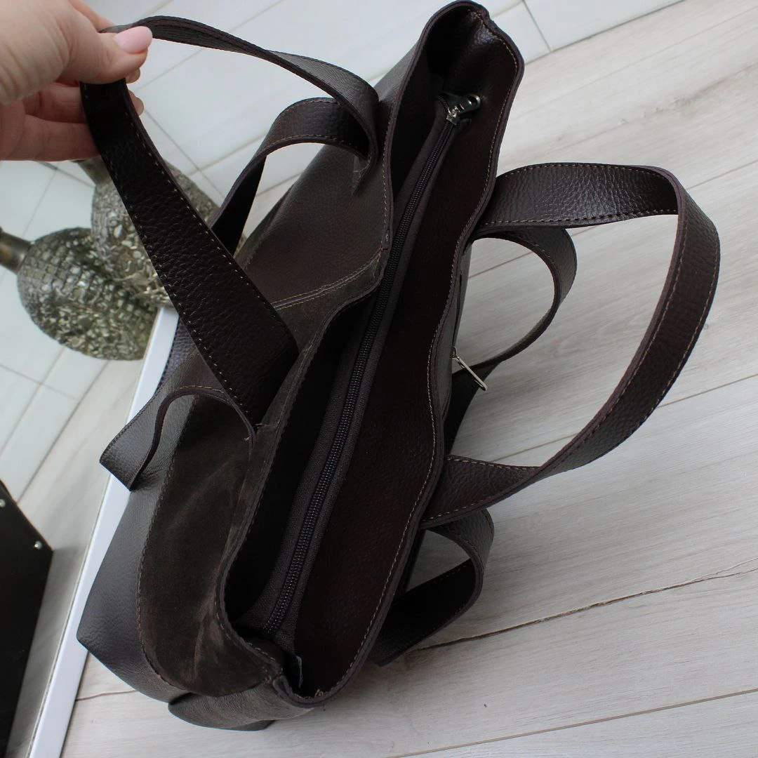 Велика жіноча сумка шоколадного кольору з натуральною замшею та екошкірою (формат А4)