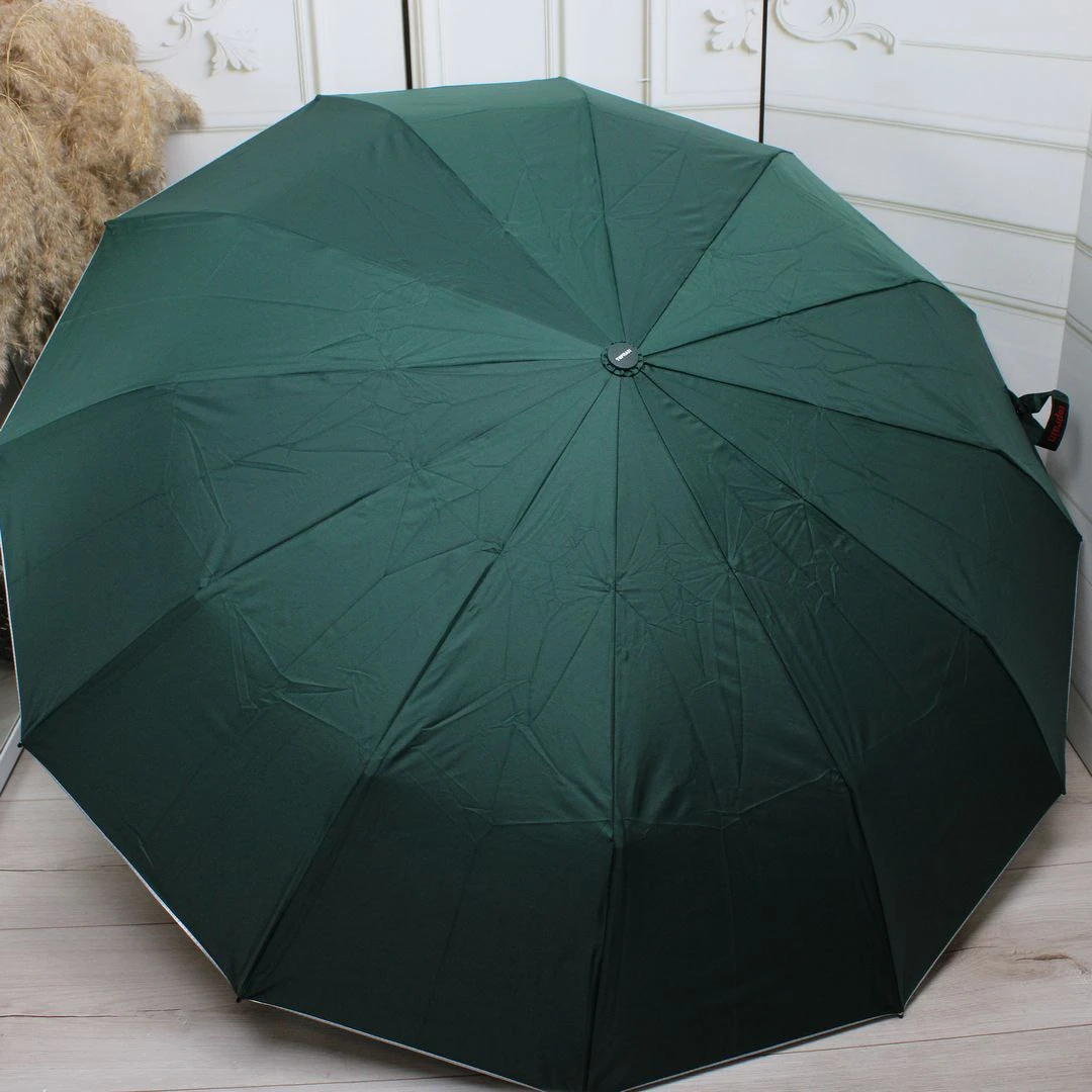 Жіноча автоматична зелена парасолька на 12 спиць із захистом від вітру