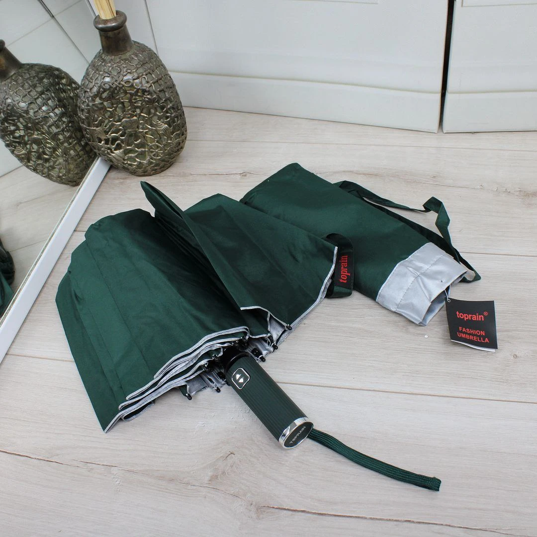 Жіноча автоматична зелена парасолька на 12 спиць із захистом від вітру