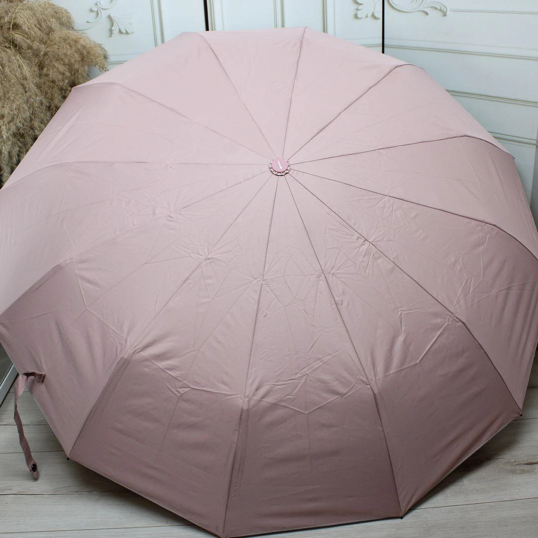 Жіноча пудрово-бежева парасолька-автомат на 12 спиць «антивітер»