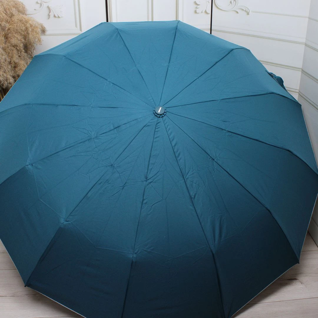 Жіноча бірюзова парасолька-автомат на 12 спиць із системою «антивітер»