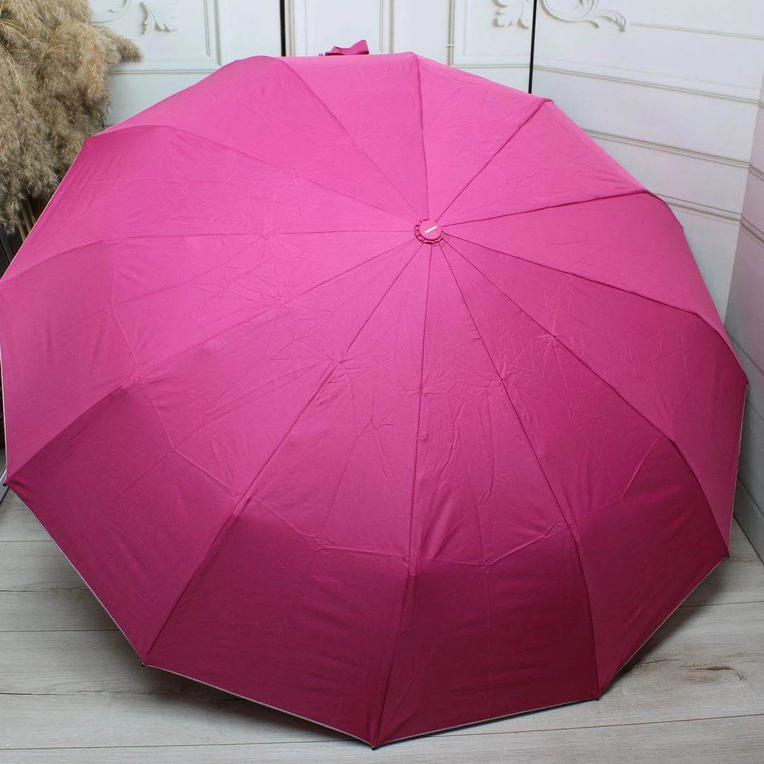 Жіноча яскраво-рожева парасолька-автомат на 12 спиць «антивітер»