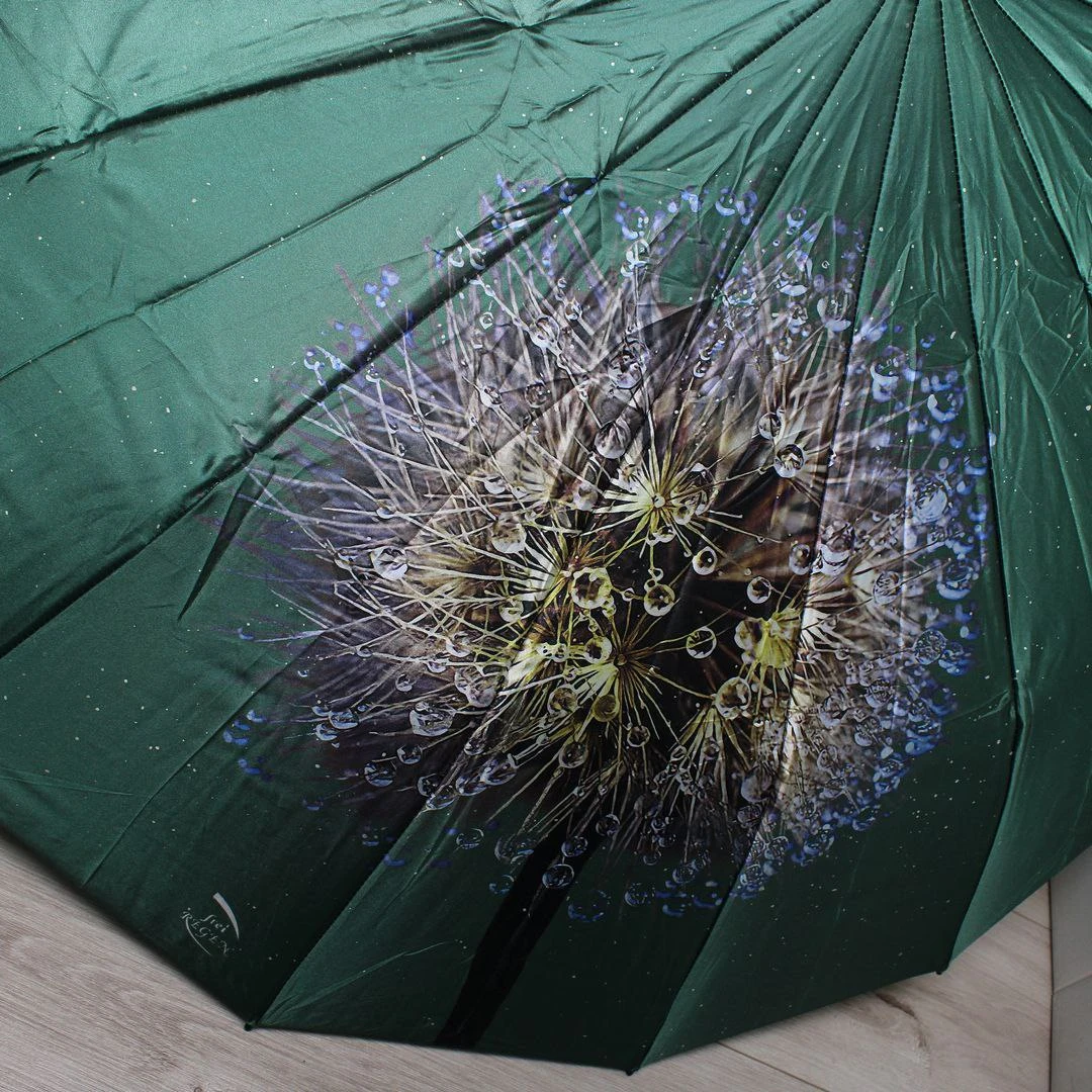 Жіноча зелена парасолька-автомат на 16 міцних спиць із системою «антивітер»