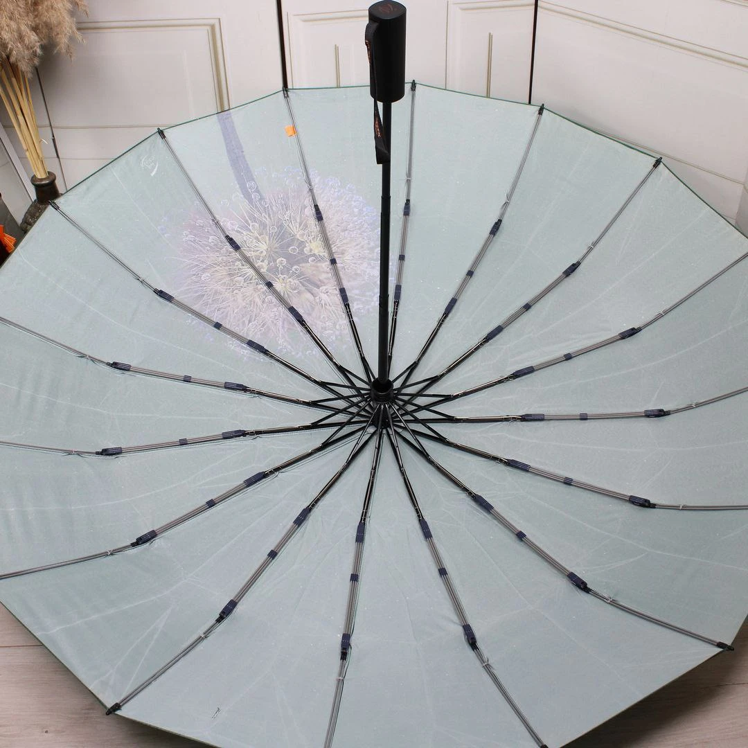 Жіноча зелена парасолька-автомат на 16 міцних спиць із системою «антивітер»