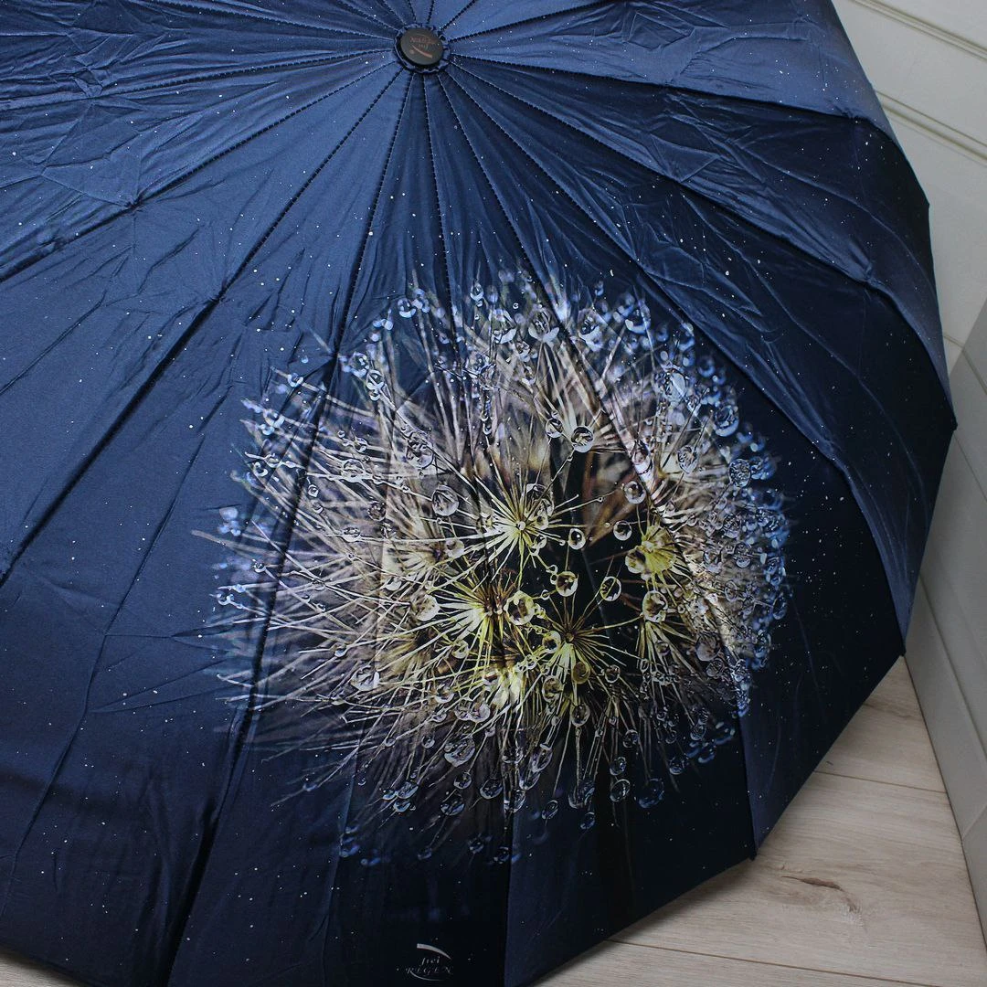 Темно-синя жіноча парасолька-автомат на 16 спиць із захистом від вітру