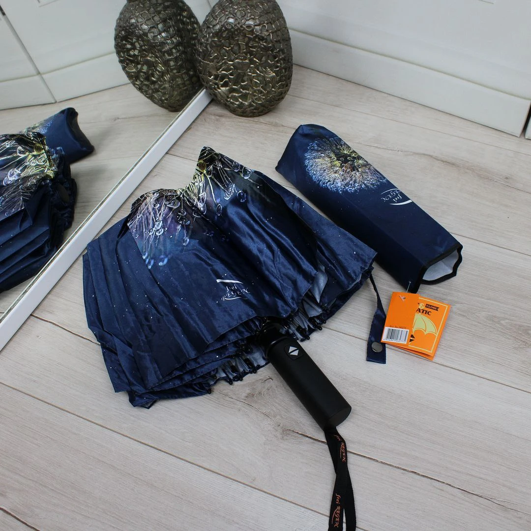 Темно-синя жіноча парасолька-автомат на 16 спиць із захистом від вітру