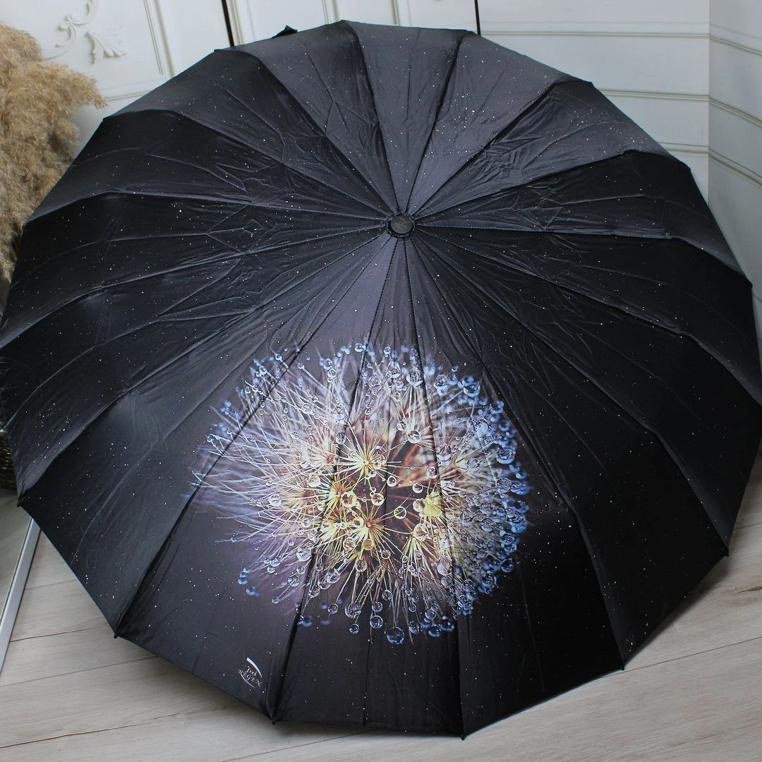 Класична чорна жіноча парасолька-автомат на 16 спиць «антивітер»