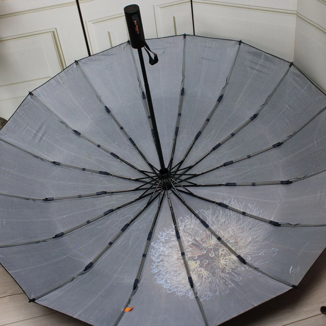 Класична чорна жіноча парасолька-автомат на 16 спиць «антивітер»