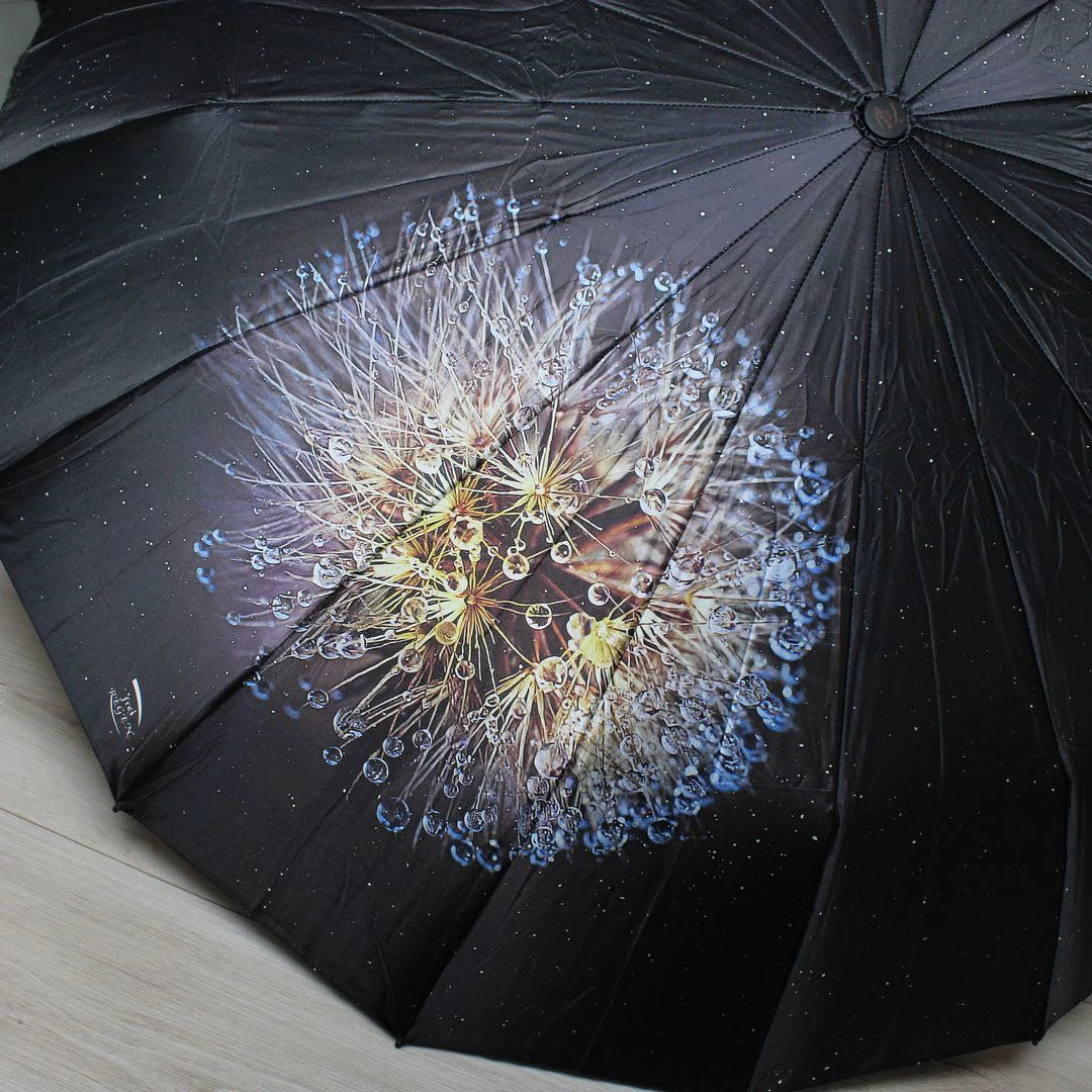 Класична чорна жіноча парасолька-автомат на 16 спиць «антивітер»