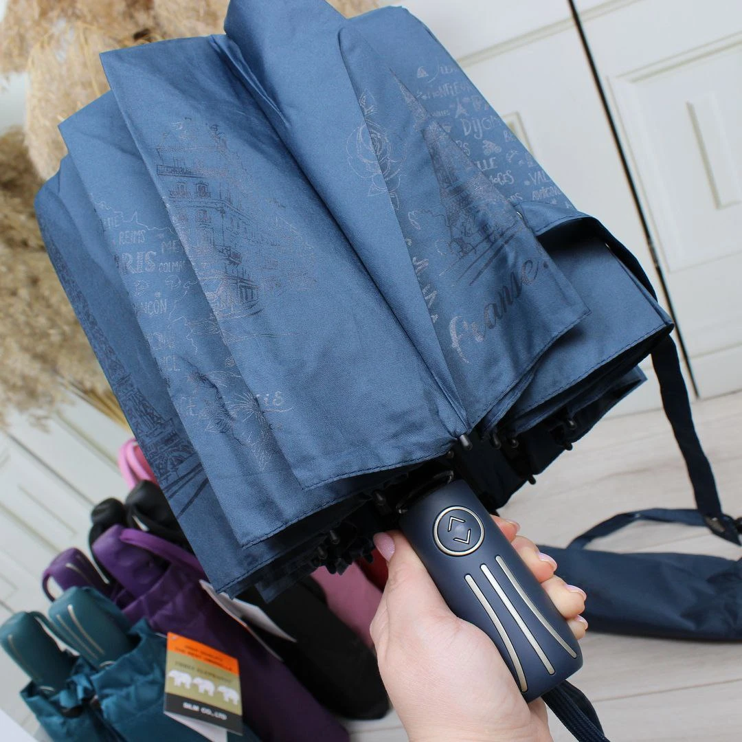 Жіноча синя парасолька-автомат Три слони на 16 спиць із захистом від вітру