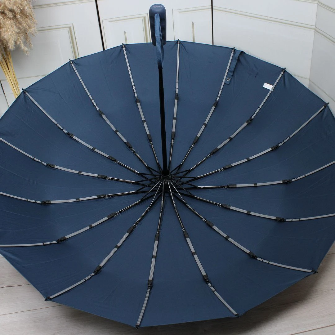 Жіноча синя парасолька-автомат Три слони на 16 спиць із захистом від вітру