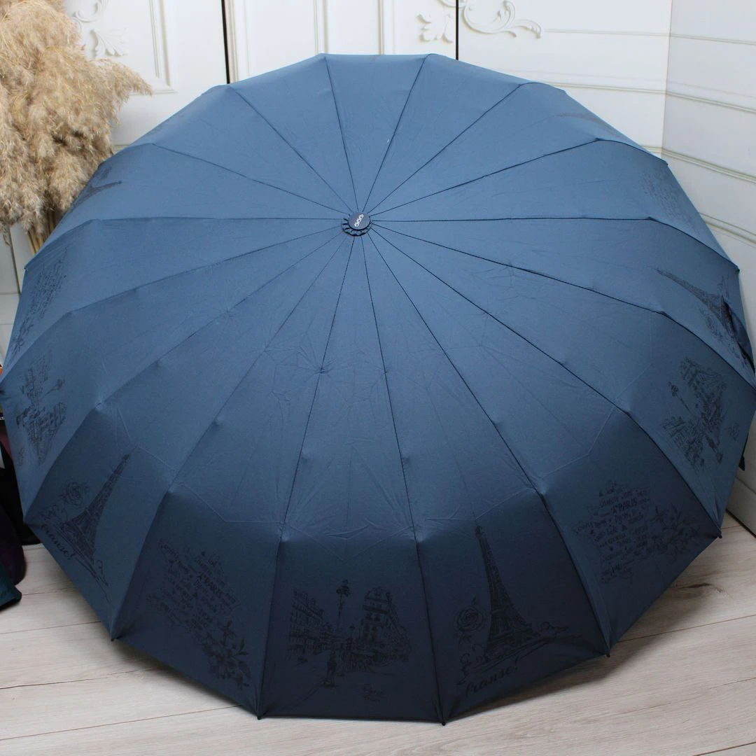 Жіноча синя парасолька-автомат Три слони на 16 спиць із захистом від вітру