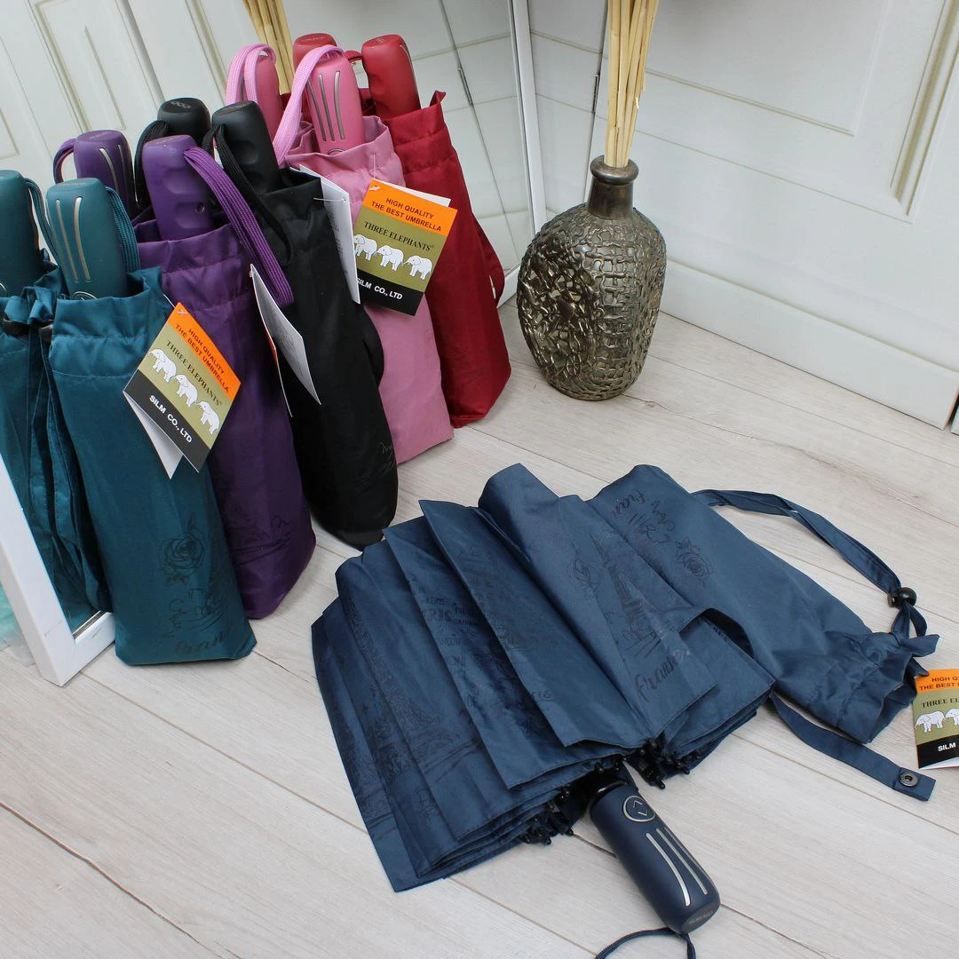 Жіноча синя парасолька-автомат Три слони на 16 спиць із захистом від вітру