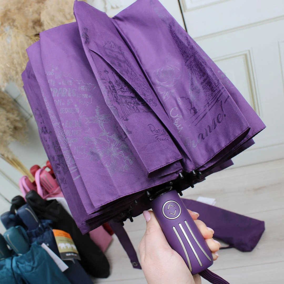 Жіноча фіолетова парасолька-автомат Три слони на 16 посилених спиць