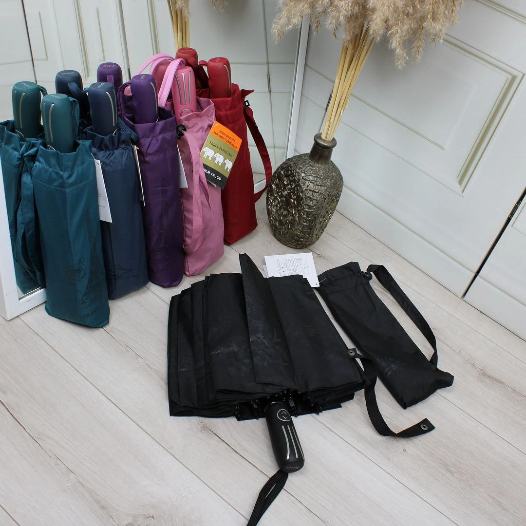 Жіноча чорна парасолька-автомат Три слони на 16 спиць — максимальна надійність