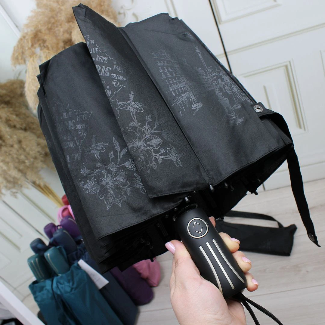 Жіноча чорна парасолька-автомат Три слони на 16 спиць — максимальна надійність