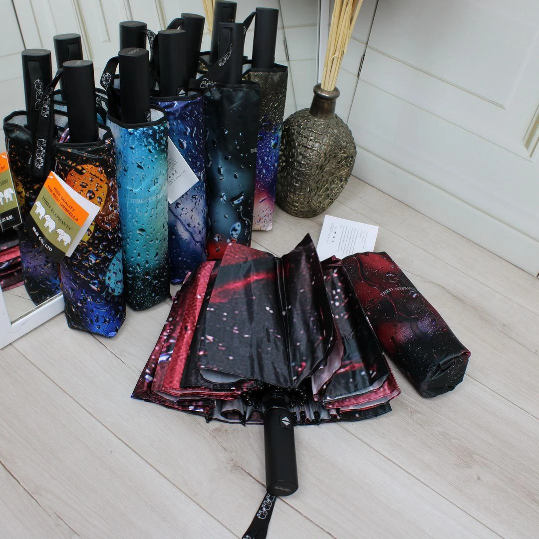 Жіноча парасолька-автомат Три слони на 16 спиць, атлас-сатин (бордово-чорна з абстракцією)