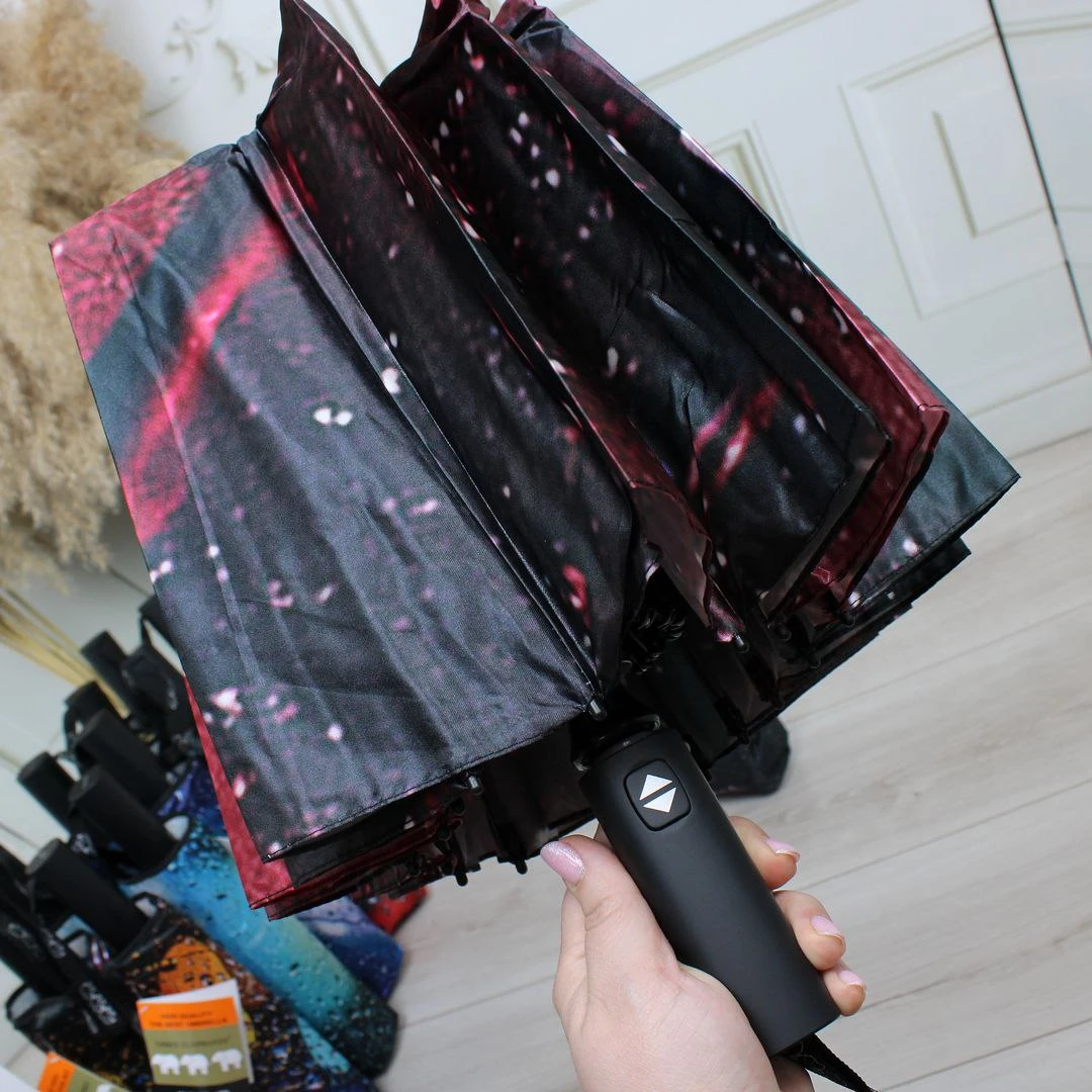 Жіноча парасолька-автомат Три слони на 16 спиць, атлас-сатин (бордово-чорна з абстракцією)