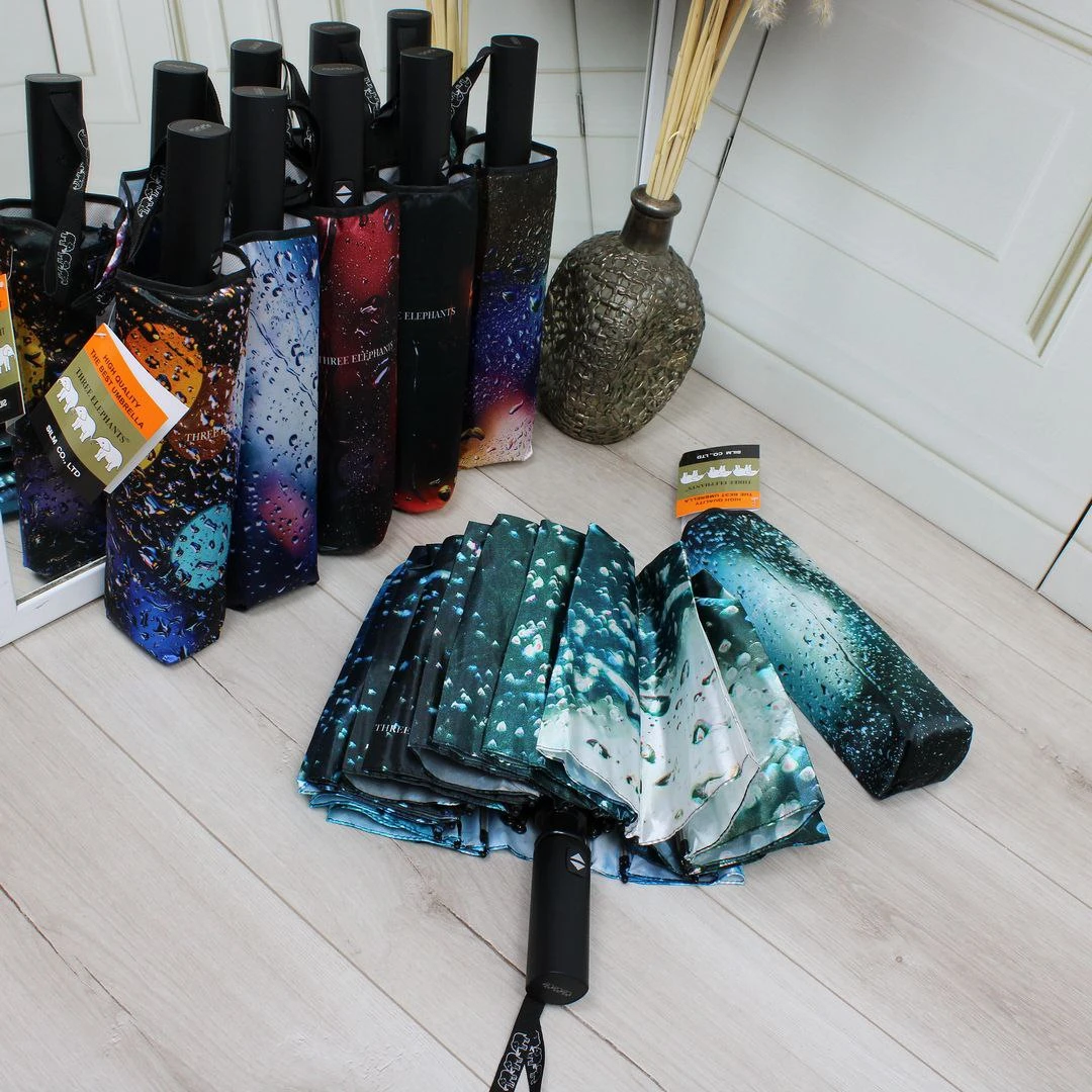 Жіноча парасолька Три слони автомат на 16 спиць, атлас-сатин (Блакитно-бірюзова)