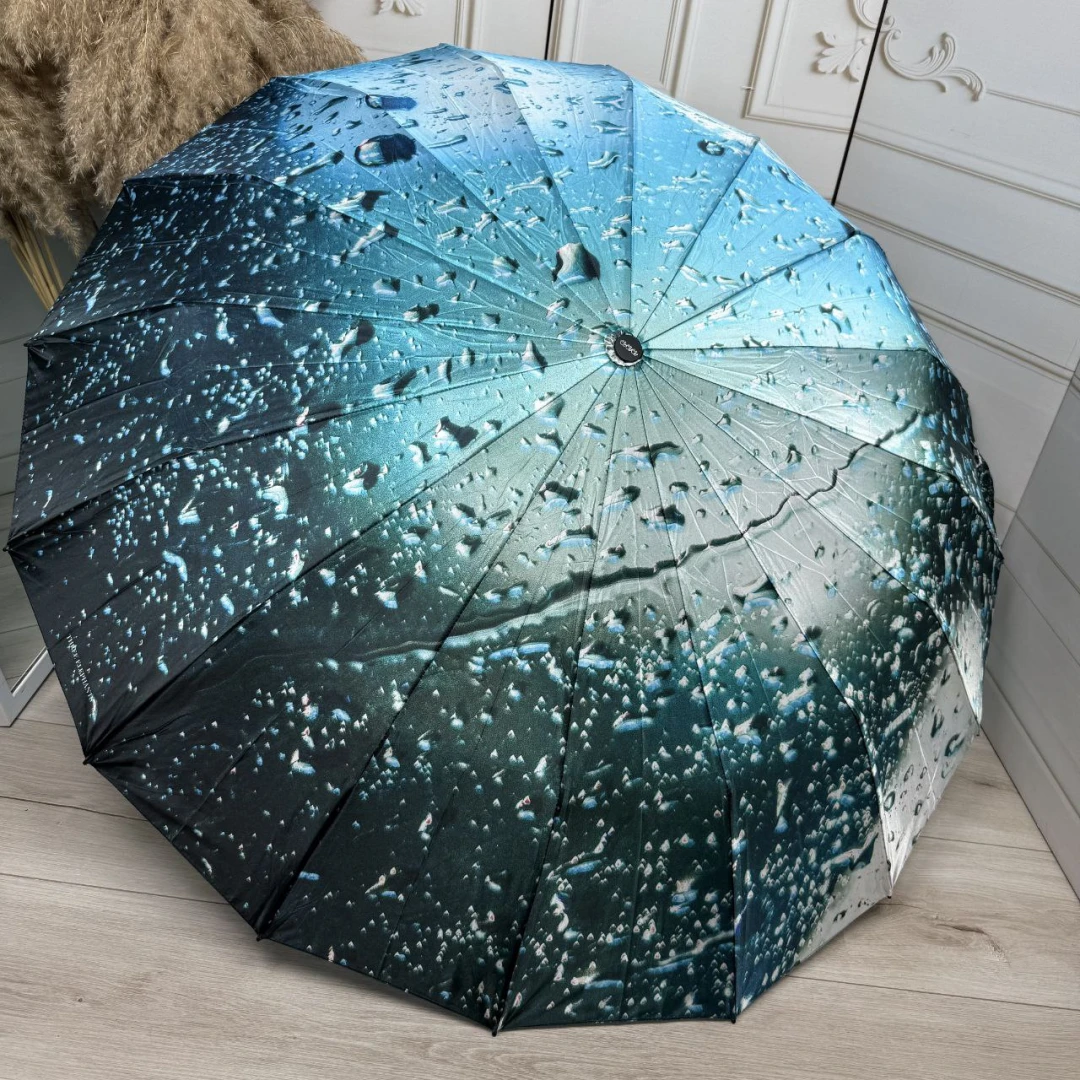 Жіноча парасолька Три слони автомат на 16 спиць, атлас-сатин (Блакитно-бірюзова)