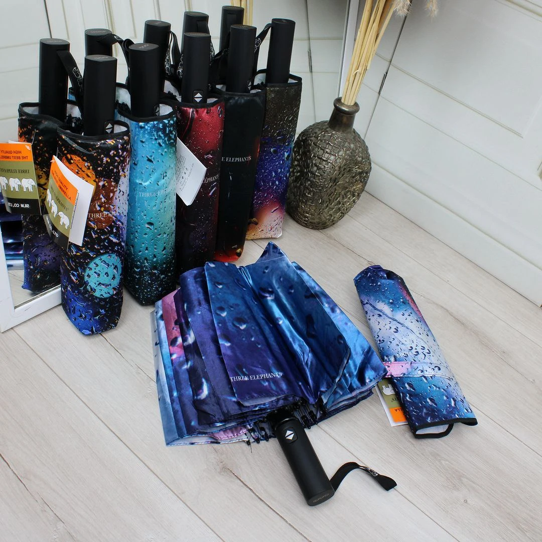 Жіноча парасолька автомат Три слони на 16 спиць, атлас-сатин (синьо-бузкова з принтом крапель)