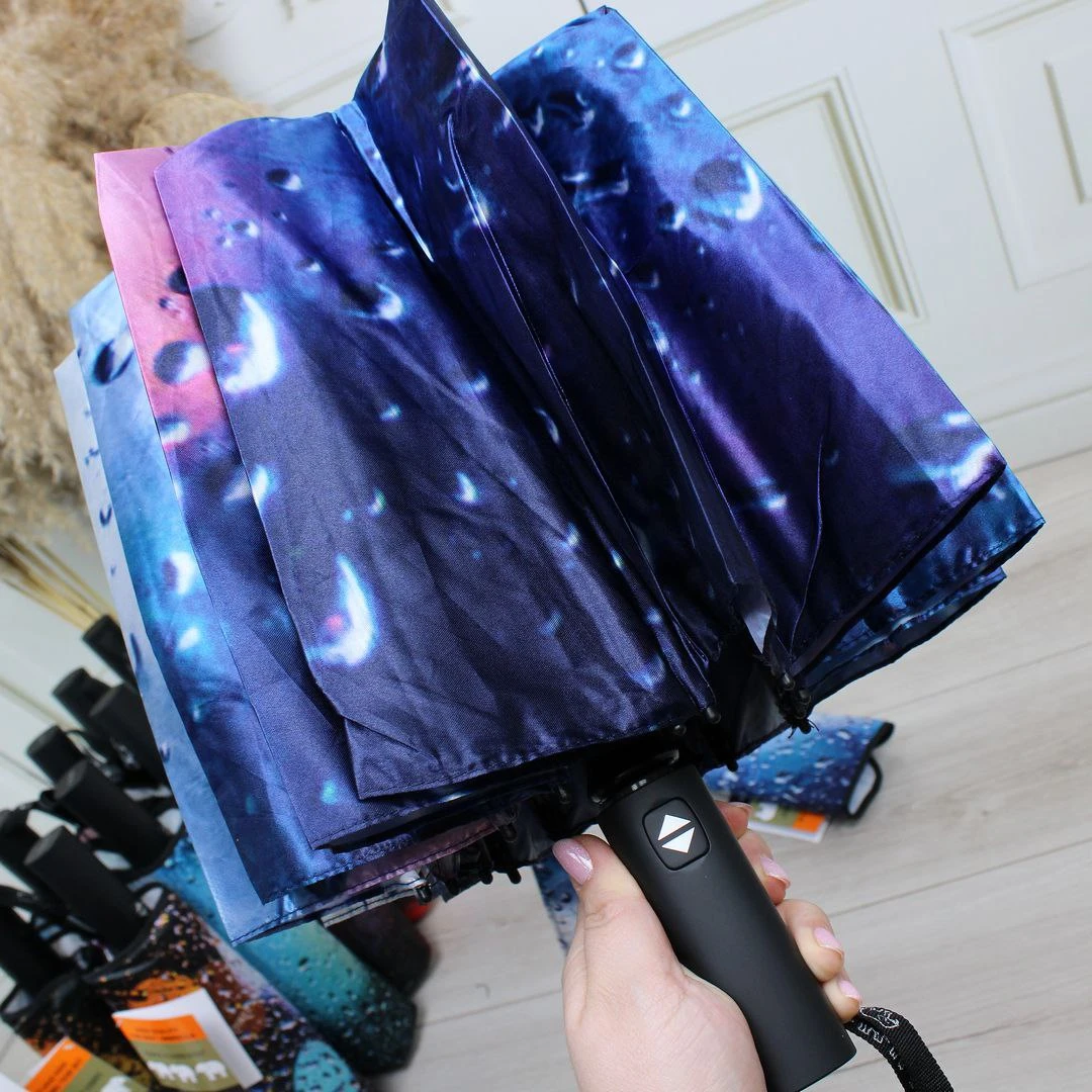 Жіноча парасолька автомат Три слони на 16 спиць, атлас-сатин (синьо-бузкова з принтом крапель)