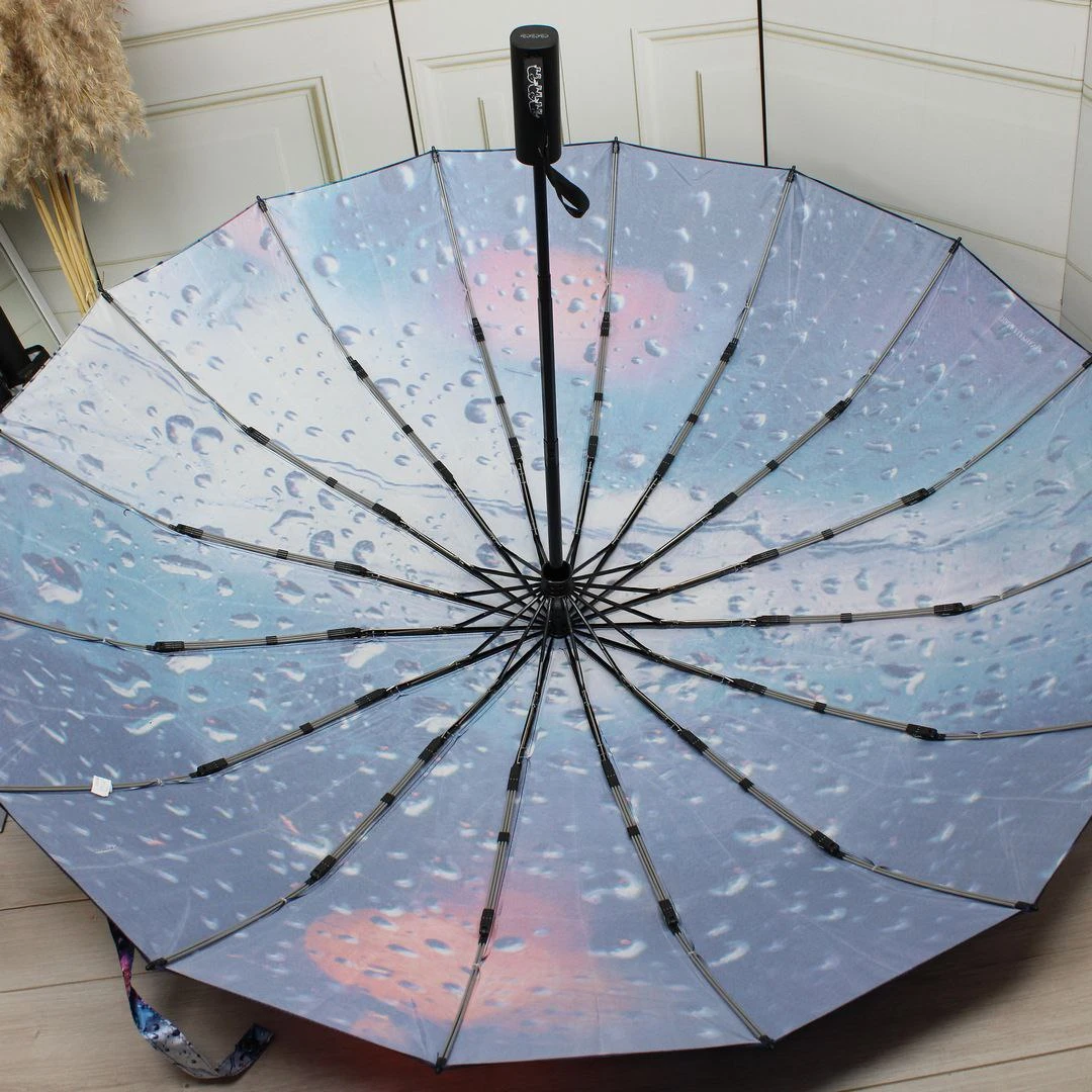 Жіноча парасолька автомат Три слони на 16 спиць, атлас-сатин (синьо-бузкова з принтом крапель)