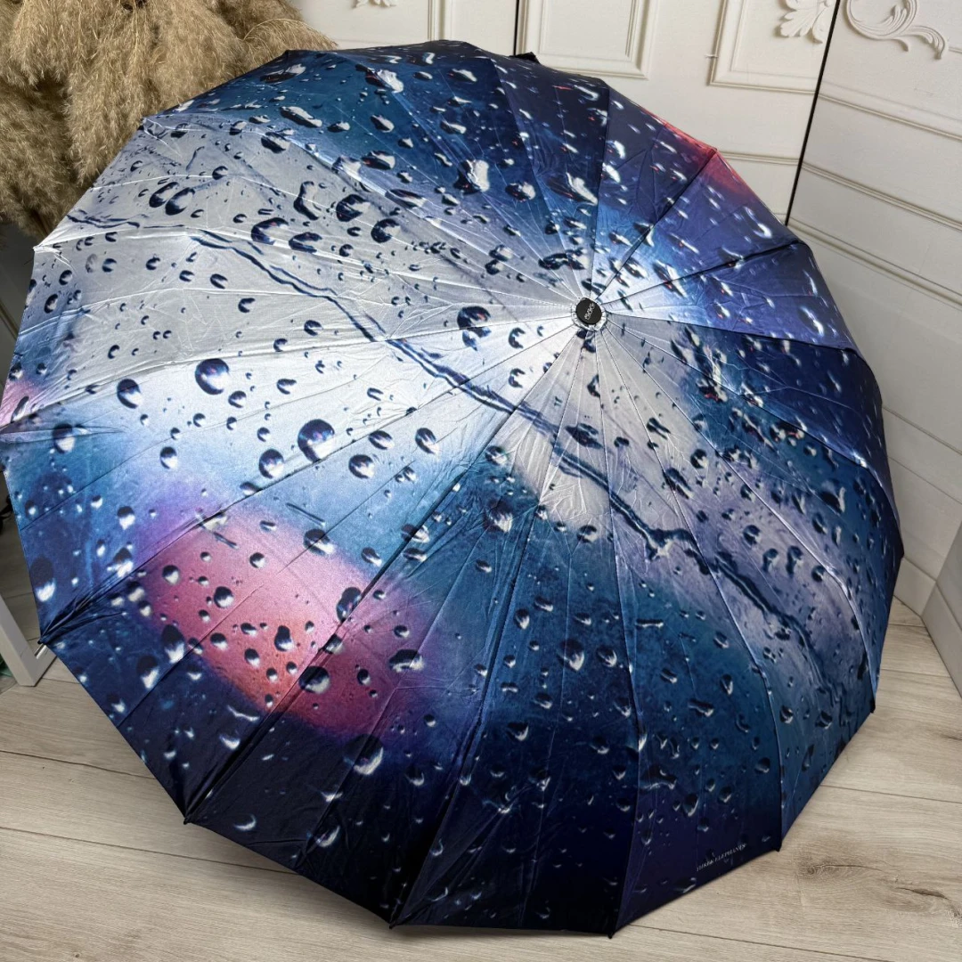 Жіноча парасолька автомат Три слони на 16 спиць, атлас-сатин (синьо-бузкова з принтом крапель)