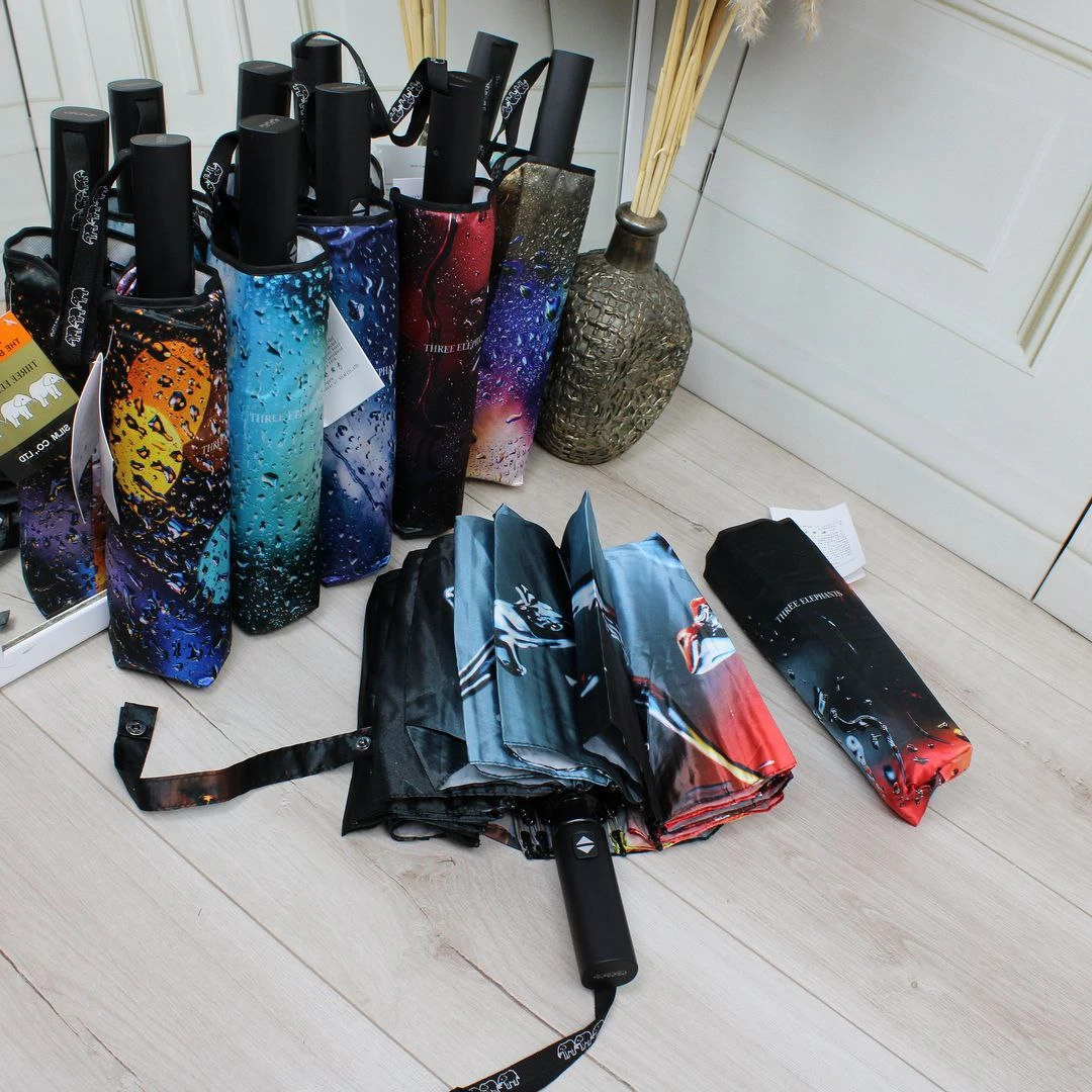 Жіноча парасолька-автомат Три слони на 16 спиць з атлас-сатину (синьо-чорна з краплями)