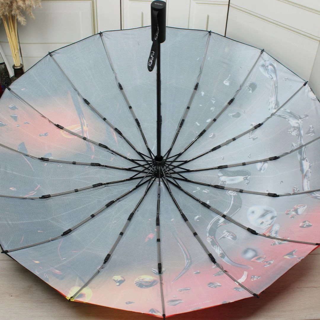 Жіноча парасолька-автомат Три слони на 16 спиць з атлас-сатину (синьо-чорна з краплями)