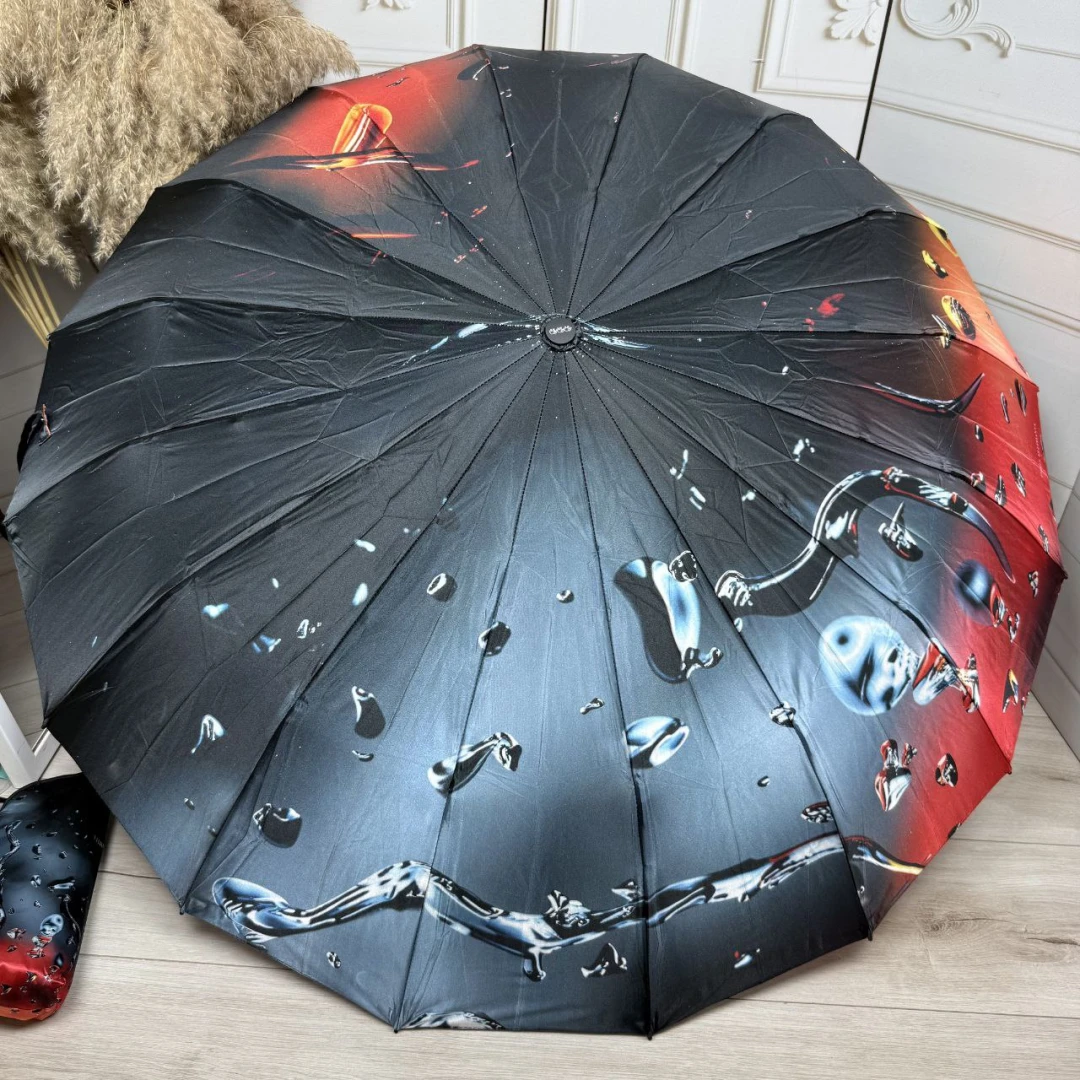 Жіноча парасолька-автомат Три слони на 16 спиць з атлас-сатину (синьо-чорна з краплями)