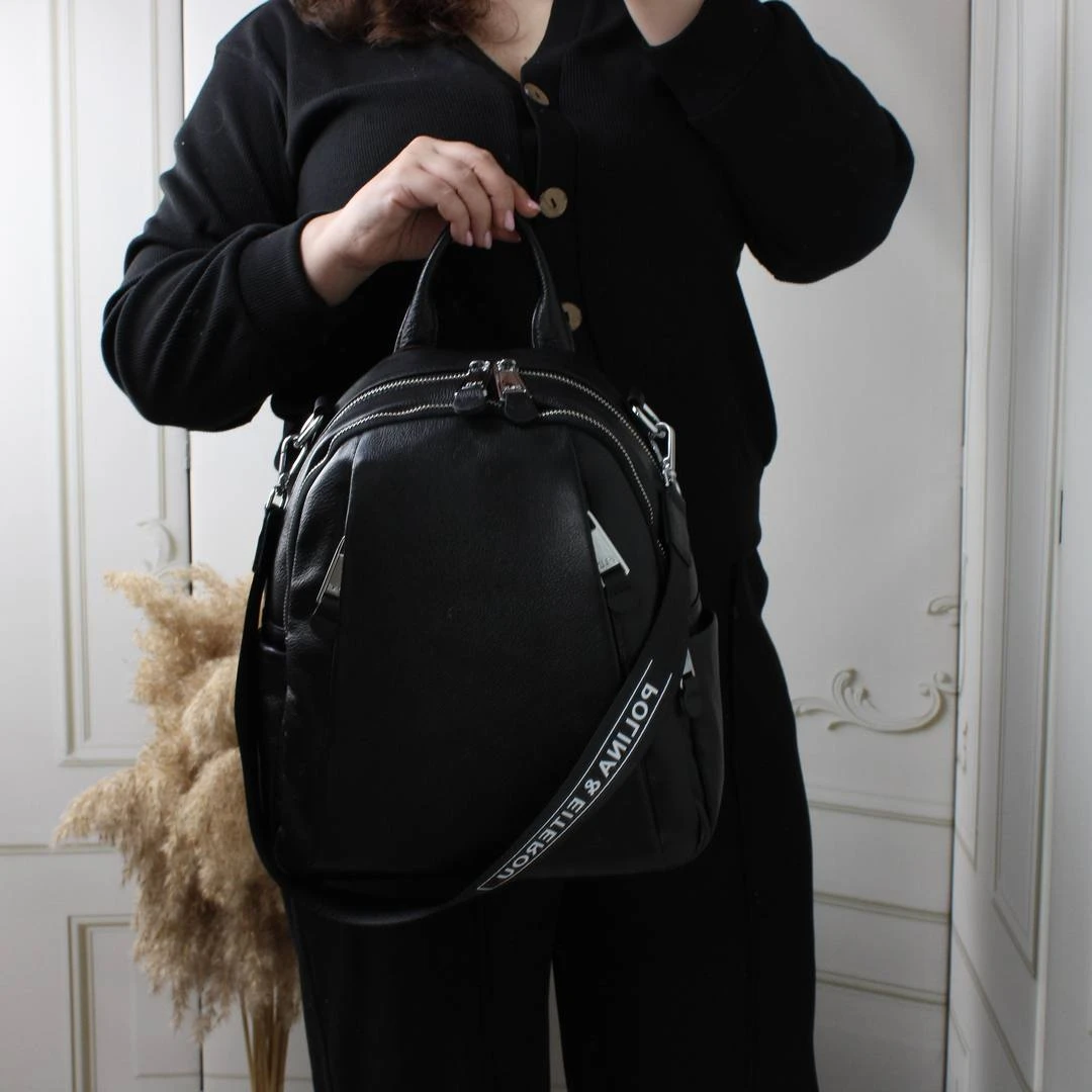 Чорна сумка-рюкзак Polina & Eiterou з натуральної шкіри (класична модель)