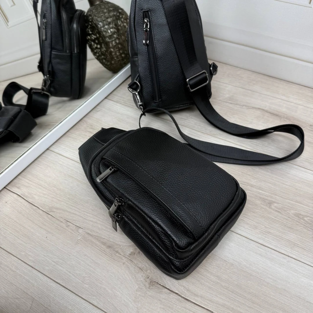 Чоловічий слінг із натуральної шкіри через плече — чорна шкіряна сумка