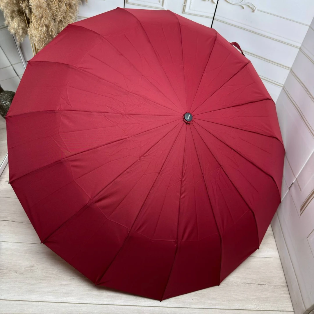 Жіноча парасолька бордового кольору автомат 16 спиць посилена