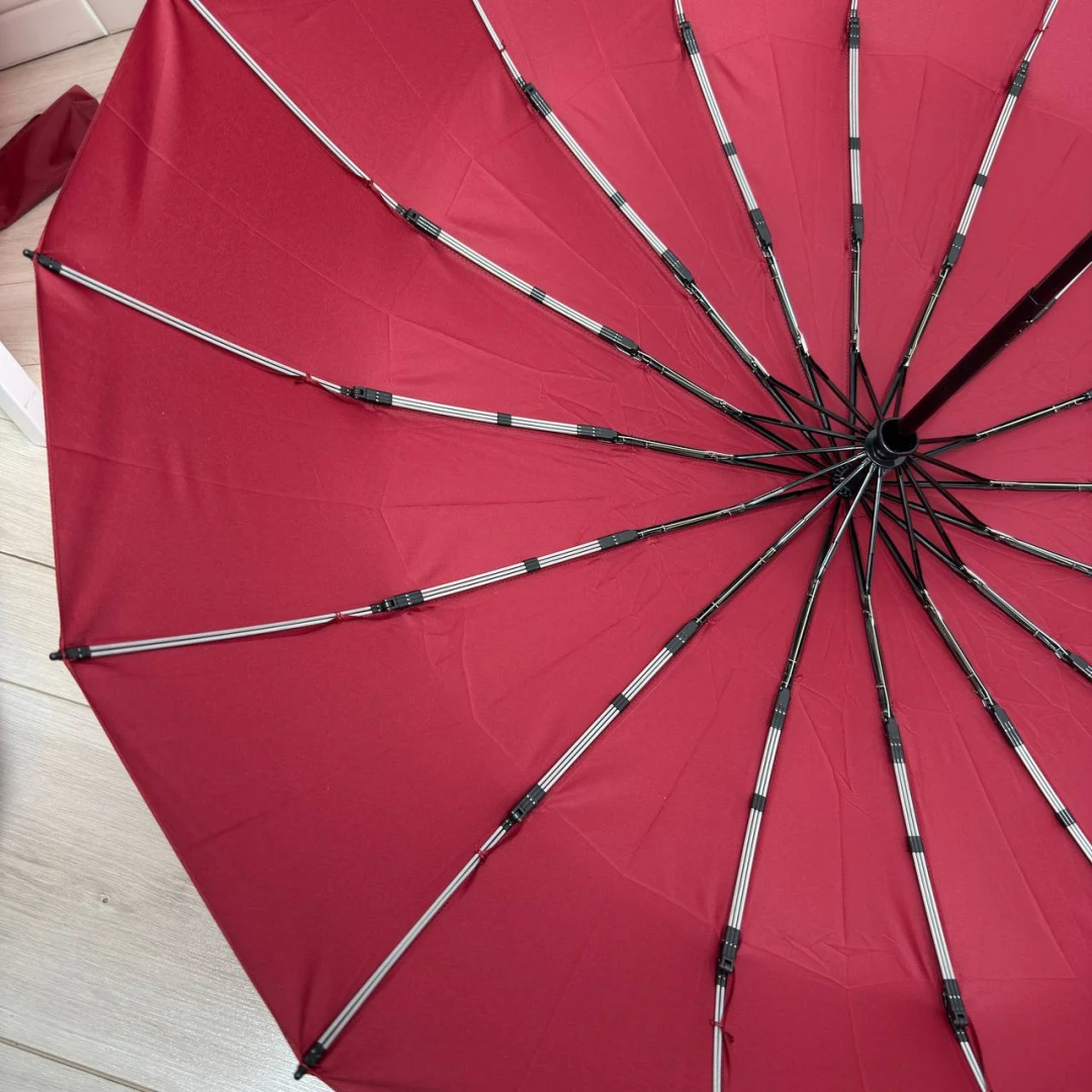 Жіноча парасолька бордового кольору автомат 16 спиць посилена