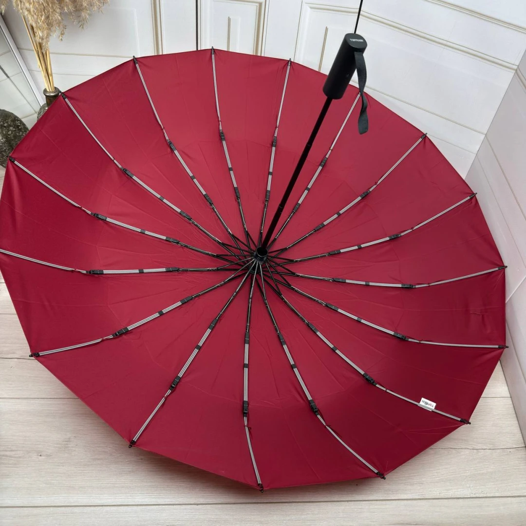 Жіноча парасолька бордового кольору автомат 16 спиць посилена