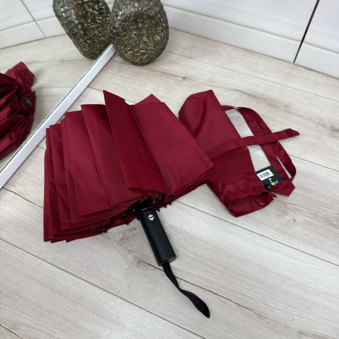 Жіноча парасолька бордового кольору автомат 16 спиць посилена