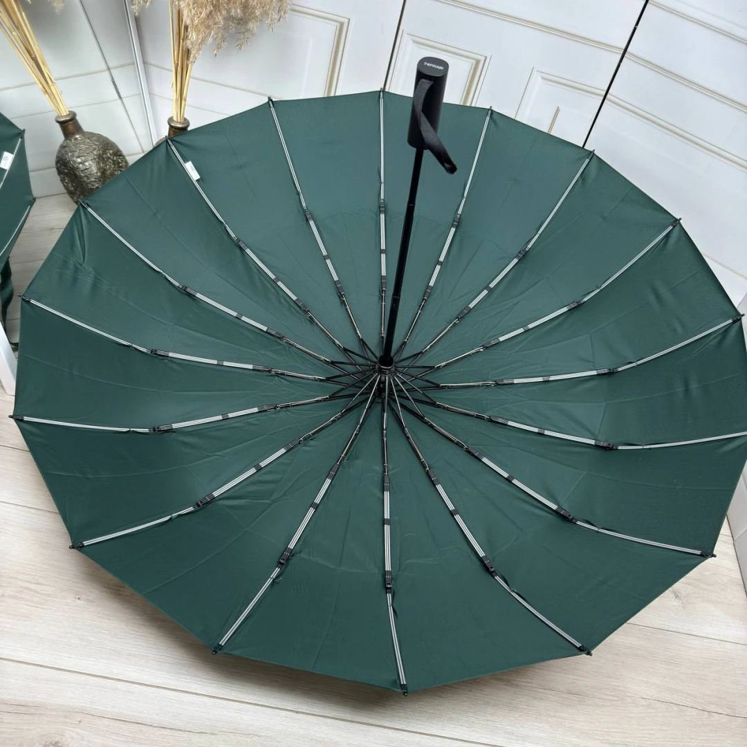Жіноча зелена парасолька автомат посилена 16 спиць