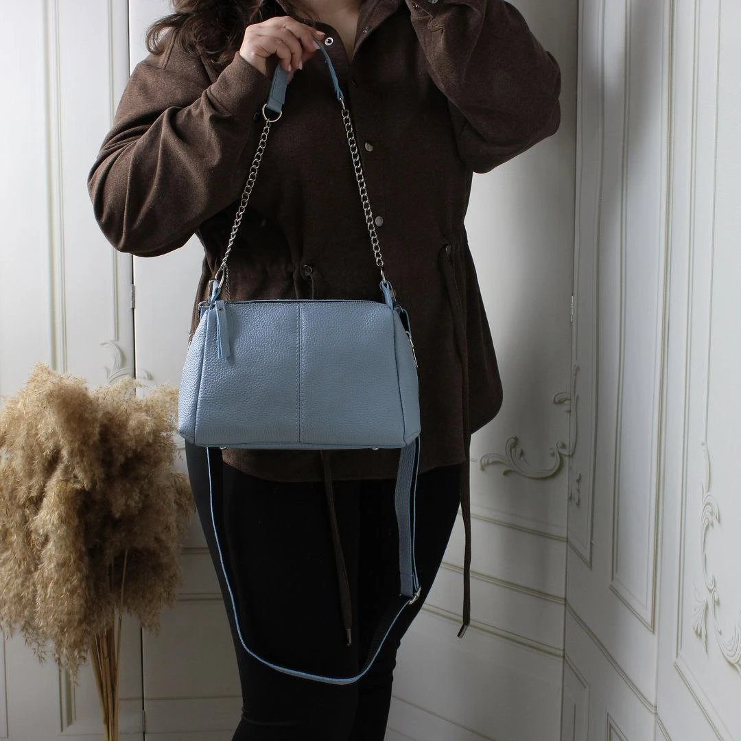 Блакитна жіноча сумка через плече з натуральної шкіри крос-боді