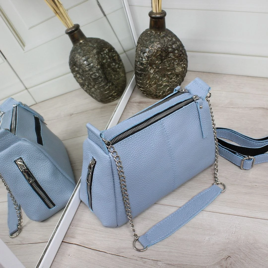 Блакитна жіноча сумка через плече з натуральної шкіри крос-боді