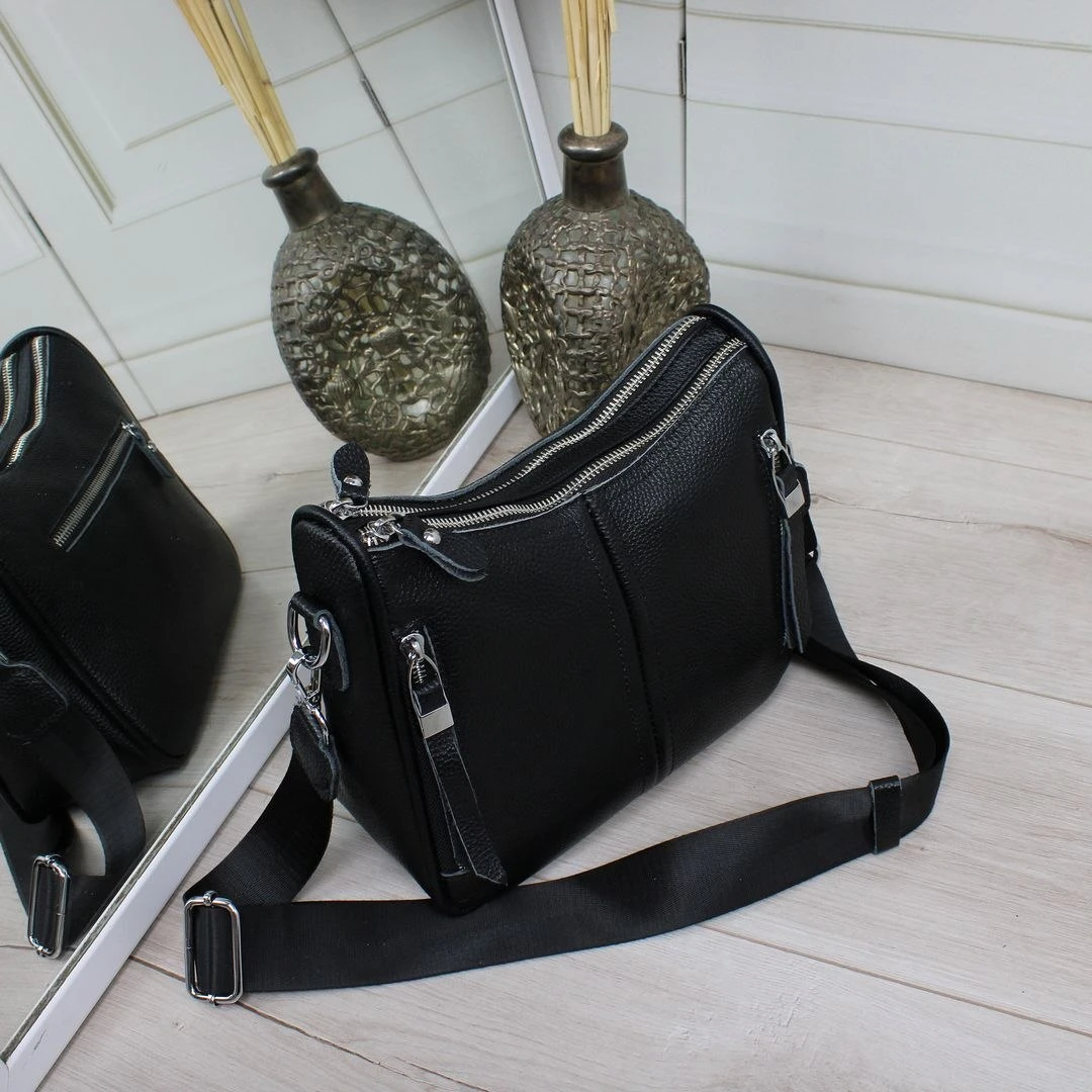 Жіноча чорна сумка крос-боді з натуральної шкіри з багатьма кишенями
